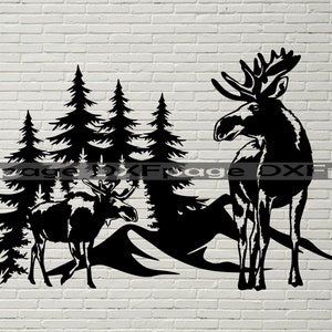 Moose scene SVG, Wildl Animals cut file laser, dxf for plasma, Moose cnc wood wall decor, svg for Cricut, Silhouette dxf, papercut template