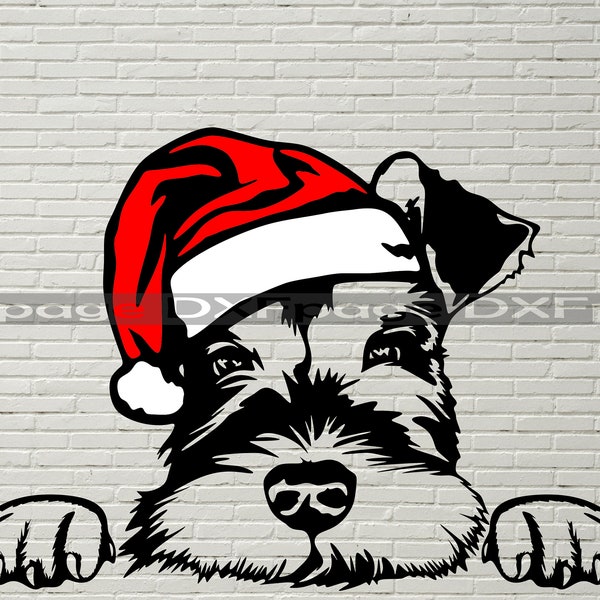 Christmas Miniature Schnauzer SVG, Christmas Dog Peeking SVG for Cricut, xmas clipart, santa hat dog vector, Schnauzer vinyl shirt design