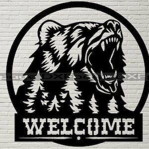 Signo de bienvenida del oso SVG DXF, Animal cut file láser, dxf para plasma, Grizzly Bear decoración de pared de madera cnc, svg para Cricut, Silhouette dxf, rancho