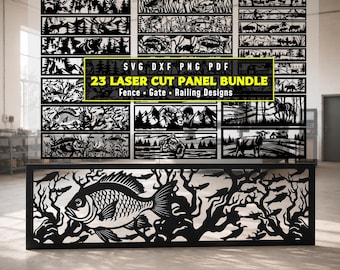 Laser Cut Panel SVG Bundle, Zaun Tor Geländer Designs DXF, Metall Wand Kunst, Wildtiere Fisch Bär Hirsch Farm Plasmen Datei, CNC, Glowforge