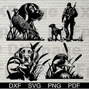 Paquete de escenas de caza SVG DXF, faisán SVG, Cricut, pato, ánade real, archivo dxf para plasma, corte láser, animales salvajes vectoriales, perro pointer, labrador