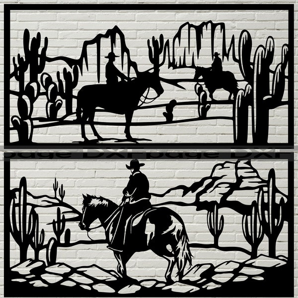 Cowboy scene SVG DXF, western cut file for laser, dxf for plasma, cnc file, wall decor, svg for Cricut, Silhouette decal, wild west design