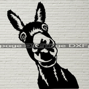 Puede incluir: Silueta en blanco y negro de la cabeza de un burro con una expresión juguetona. El burro mira hacia un lado con la boca abierta en una sonrisa.