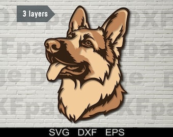 May include: A layered illustration of a German Shepherd dog's head, rendered in shades of brown and tan. The dog's tongue is visible. The image includes the text "3 layers" and "SVG DXF EPS".