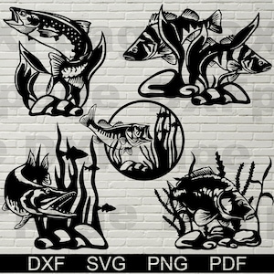 5 file DXF scena di pesce per plasma, taglio laser, cnc, silhouette dxf, svg per cricut, arte della parete in legno, pannello metallico, stencil della fauna selvatica, carpa