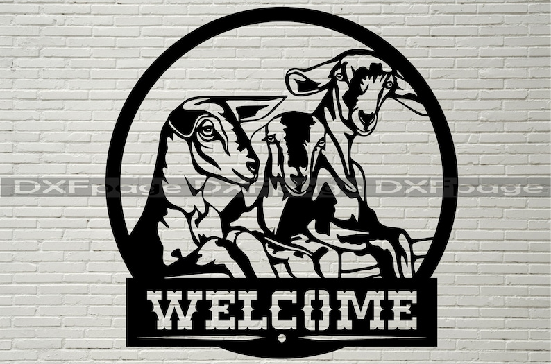 May include: Black metal welcome sign with a circle featuring three goats and the word "WELCOME" underneath.