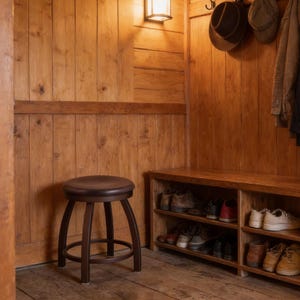 May include: A wooden entryway with a stool, shoe storage, and coat rack. The walls are paneled in warm-toned wood. A brown stool with a circular seat sits in the corner. Shoes are neatly arranged on shelves. Coats and hats hang on hooks.