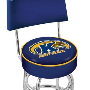May include: A blue and gold Kent State University bar stool with a chrome frame and a backrest. The stool has a round seat with the Kent State logo and the words "Kent State" printed on it.
