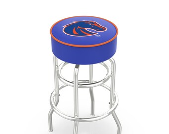 May include: A blue bar stool with a chrome frame and a blue and orange seat featuring a horse logo with the text "TM".