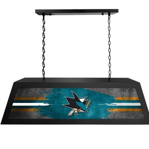 May include: Black pool table light with a San Jose Sharks logo and a distressed teal, white, and gold design.