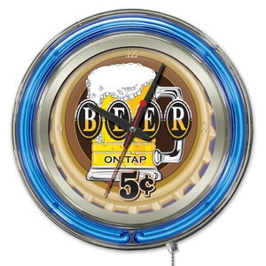 Beer on Tap 5 Cents Neon Clock | Custom Garage 15&quot; Retro Chrome Neon Clock