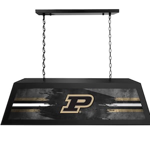 May include: Black and gold pool table light with a distressed background and the letter "P" in the center. The light is suspended from a black chain.