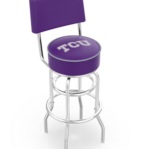 May include: Purple bar stool with a chrome frame and a padded seat featuring the TCU logo.
