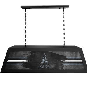 May include: Black metal light fixture with a distressed gray and white graphic of the United States Space Force logo. The logo features a delta symbol with a star inside and the text "United States Space Force".