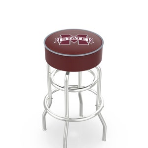 May include: A red bar stool with a chrome frame. The seat is upholstered in red faux leather and features a Mississippi State University logo.