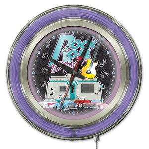 Rock & Roll Diner Neon Clock | Vintage Garage 15&quot; Retro Chrome Neon Clock