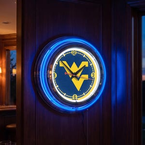 West Virginia Mountaineers 15” Double Neon Clock | University Sports Bar Wall Sign
