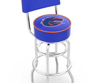 May include: A blue and orange bar stool with a chrome frame and a backrest. The seat has a circular design with the University of Central Florida Knights logo.