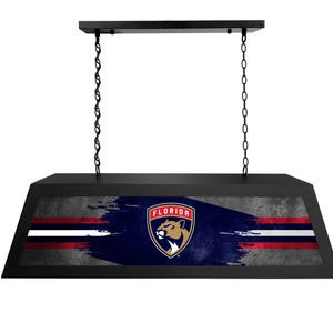 May include: Black hanging light fixture with a Florida Panthers logo and team colors on a distressed background. The light fixture has a black metal frame and is suspended by two chains.