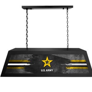 May include: Black pool table light with a U.S. Army themed design. The light features a yellow star and two yellow stripes on a black and gray background. The light is suspended from the ceiling by two black chains.