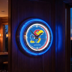 Kansas Jayhawks 15” Double Neon Clock | University Sports Bar Wall Sign