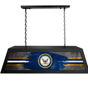 May include: Black pool table light with a distressed American flag design featuring the United States Navy seal. The flag is blue, white, and gold with a distressed look.