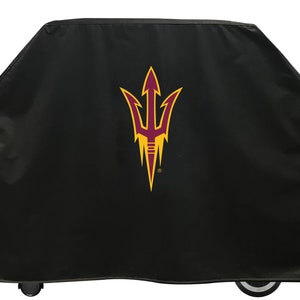 May include: Black grill cover with the Arizona State University logo, a gold and maroon spearhead, in the center.
