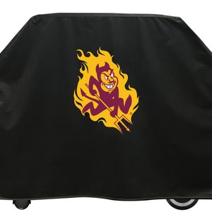 May include: Black grill cover with a maroon and yellow Arizona State University Sun Devils logo. The logo features a cartoon devil holding a trident.