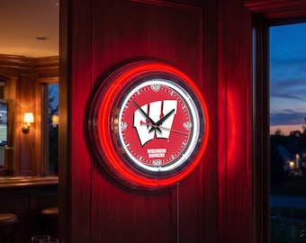 Wisconsin Badgers W Logo Neon Clock | 15” Double Neon Retro Game Room Wall Decor