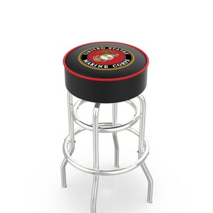 United States Marine Corps Premium Double Ring Bar Stool with Logo | 360 swivel Retro Chrome Furniture Stool with Logo