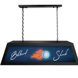 May include: Black billiard table light with a neon sign that says "Billiard Shark" with a flaming eight ball in the center.