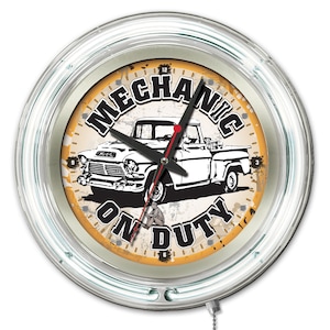 Mechanic on Duty Neon Clock | Fun Garage 15&quot; Retro Chrome Neon Clock