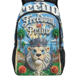 Freedom and Pride Backpack, Chicano Streetwear Bookbag, Urban Lion Gangsta School Bag, Edgy Graphic Daypack Gift