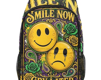 Smile Now Cry Later Backpack, Chicano Style Paisley Rucksack, Urban Lowrider Streetwear Travel Bag, Tattoo Art School Backpack Gift