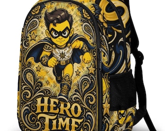 Hero Time Backpack, Superhero Chicano Style School Bag, Lowrider Paisley Daypack, Tattoo Art Graphic Bookbag Streetwear Kids Travel Gift
