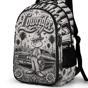 Zaino Lowrider Gangster Rabbit, borsa per libri Chicano Classic Car, zaino streetwear LA, zaino scolastico retrò, zaino da giorno alternativo per viaggi