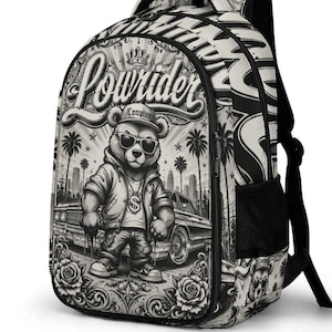 Zaino Lowrider Gangster Bear, borsa per libri Chicano Classic Car, zaino streetwear LA, zaino scolastico retrò, zaino da viaggio alternativo