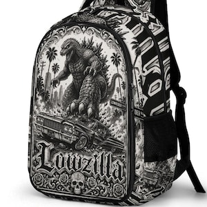 Zaino Lowzilla Monster Car, zaino Chicano Godzilla, zaino streetwear LA, zaino scolastico retrò, zaino da viaggio alternativo
