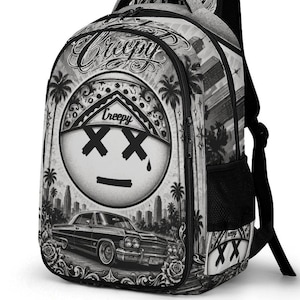 Zaino con testo personalizzato inquietante, zaino Chicano Lowrider, zaino con auto d'epoca di Los Angeles, zaino scolastico retrò streetwear, zaino da viaggio alternativo