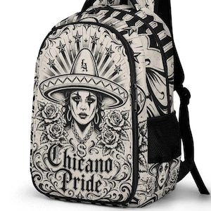 Zaino Chicano Pride Sombrero, borsa per libri LA Chola, zaino con eredità messicana, borsa scolastica retrò streetwear, zaino da giorno alternativo per viaggi