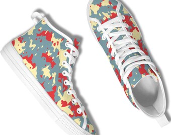Camo High Top Canvas Shoes, Lowrider Streetwear Printed Sneakers, Chicano Style Camouflage Footwear, Urban Casual Patterned Sneaker Gift