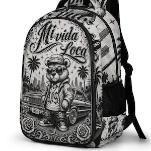 Zaino Mi Vida Loca Bear, borsa a tracolla Chicano Gangster Car, zaino streetwear LA, zaino scolastico retrò, zaino da giorno alternativo per viaggi