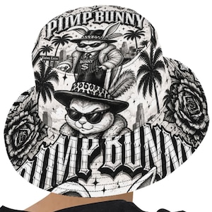 Pimp Bunny Chicano Bucket Hat, Black and White Urban Streetwear Sun Cap, Hip Hop Gangsta Rabbit Graphic Print Headwear, Mens Summer Hat