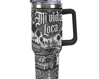 Vato Loco Raider 40oz Tumbler, Chicano Skull Travel Mug with Handle, Respect Loyalty Straw Cup, Urban Street Style Drinkware