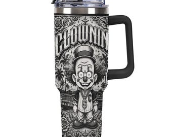 Clowning 40oz Tumbler, Chicano Clown Travel Mug with Handle, LA Street Straw Cup, Urban Style Drinkware