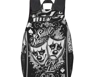 Smile Now Cry Later Backpack, Chicano Theater Travel Bag, Comedy Tragedy Bookbag, Urban Style Daypack