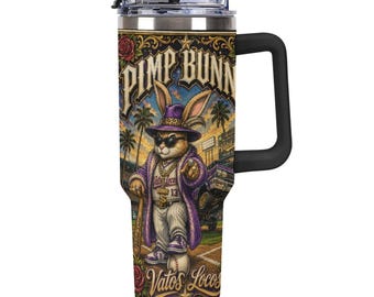 Pimp Bunny Vatos Locos 40oz Tumbler, Chicano Rabbit Travel Mug with Handle, Baseball Straw Cup, Urban Street Drinkware
