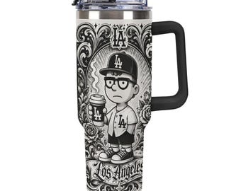 Los Angeles 40oz Tumbler, Chicano Cartoon Travel Mug with Handle, LA Street Straw Cup, Urban Style Drinkware