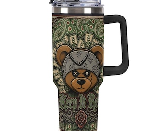 40oz Keep It Real Tumbler, Teddy Bear Chicano Style Travel Mug, Lowrider Paisley Insulated Cup, Tattoo Art Stainless Drinkware Gift