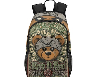 Keep It Real Backpack, Teddy Bear Chicano Style School Bag, Lowrider Paisley Daypack, Tattoo Art Graphic Bookbag Streetwear Travel Gift
